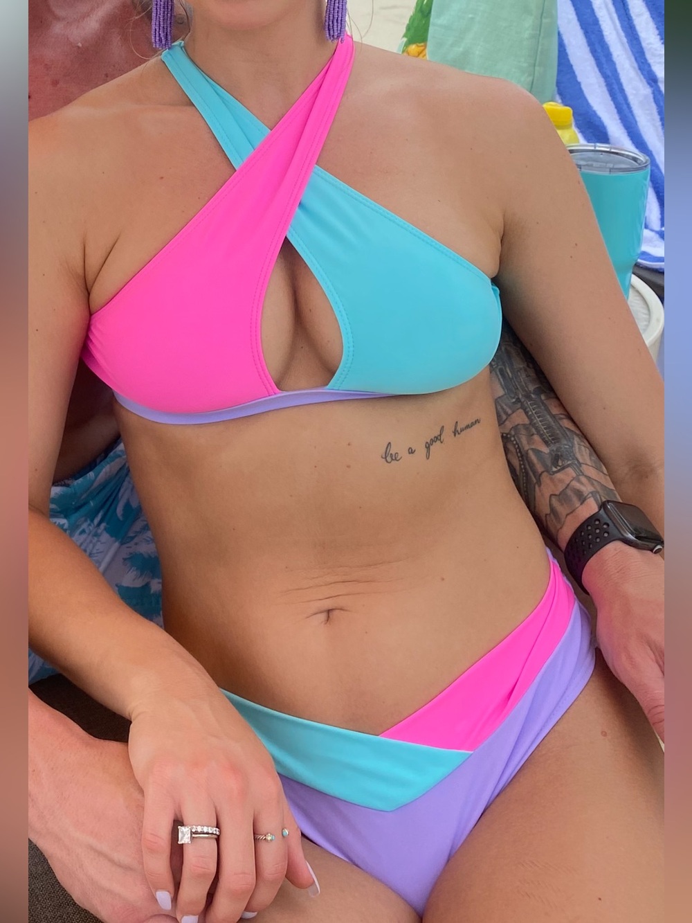 Colorblock Cross-Front Bikini Set in Neon Pink, Aqua & Lavender